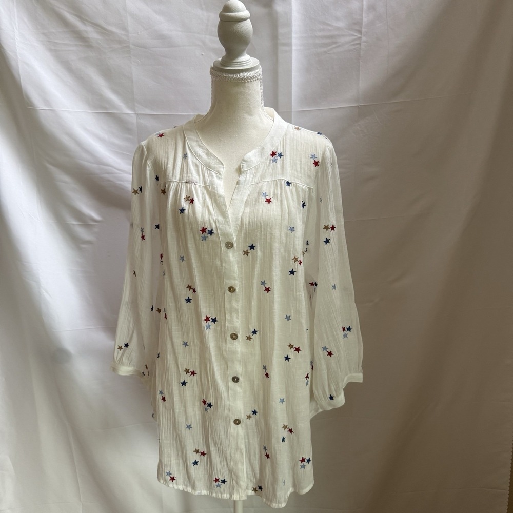 Fig & Flower Anthropologie  XL Stars Embroidered Boho Peasant Gauzy Semi Sheer
